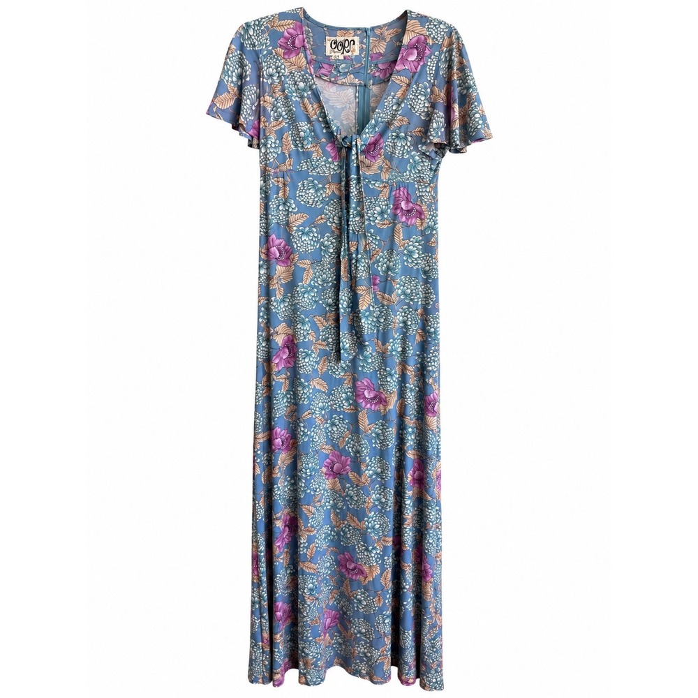 Oops California Floral Maxi Dress S Blue Gray Plum Boho Flutter Sleeve Vintage